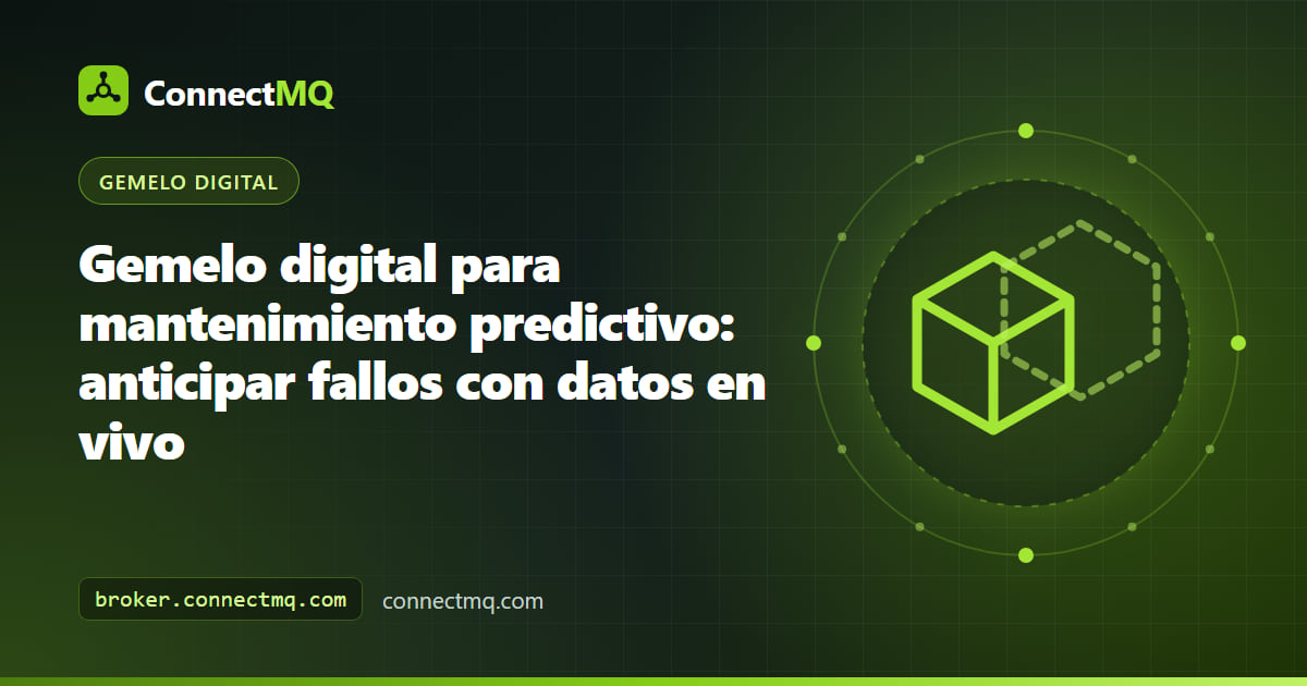Panel de mantenimiento predictivo con gemelo digital que muestra un modelo de motor con tendencias de vibración y temperatura y una previsión de vida útil remanente