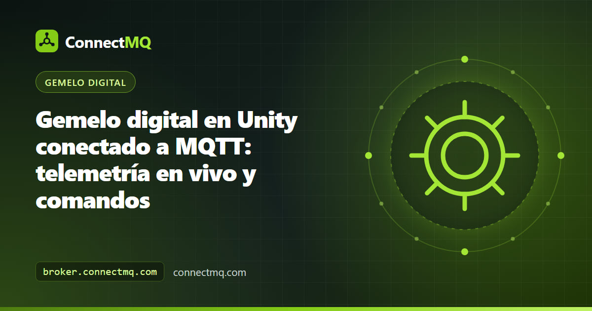 Gemelo digital en Unity de una bomba industrial que gira y cambia de color con telemetría MQTT en vivo