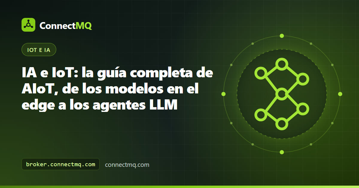 Ilustración de IA e IoT con sensores que envían datos MQTT a modelos de IA en el edge y en la nube que devuelven comandos a los dispositivos