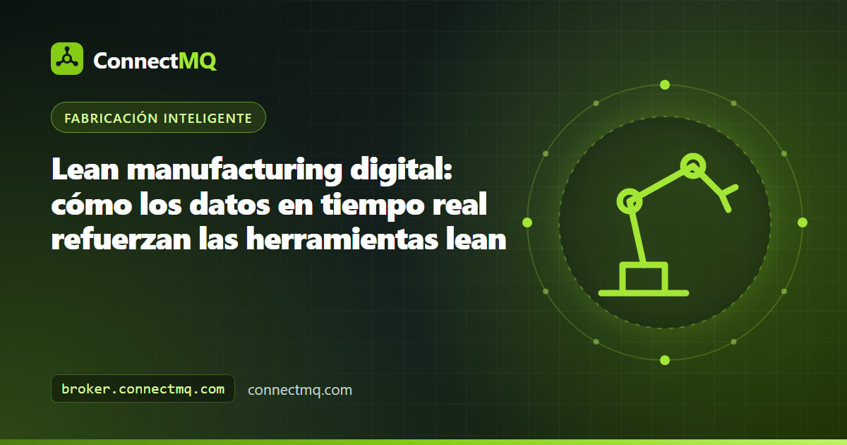 Ilustración de lean manufacturing digital que combina un mapa del flujo de valor, un tablero kaizen y datos de máquina en directo procedentes de sensores IoT