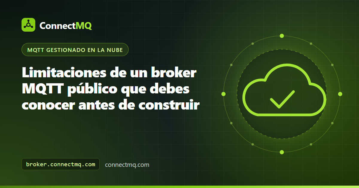 Ilustración de las limitaciones de un broker MQTT público, con muchos clientes anónimos compartiendo un espacio de topics abierto e indicadores de tasa y tamaño