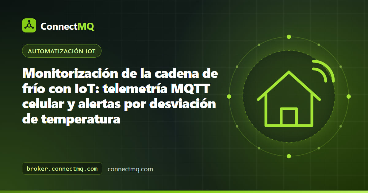 Diagrama de monitorización de la cadena de frío con un camión frigorífico y un contenedor enviando datos de temperatura por MQTT celular a un panel de alertas