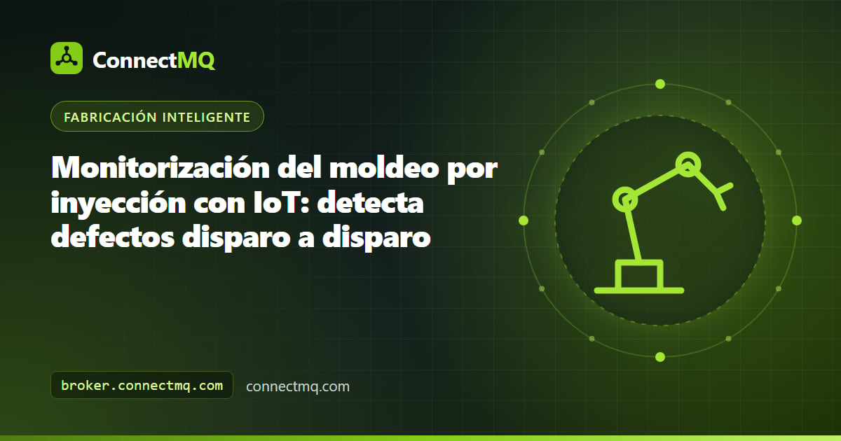 Ilustración de monitorización del moldeo por inyección con una inyectora que envía por MQTT datos de presión, colchón y temperatura de cada disparo a un gráfico de calidad