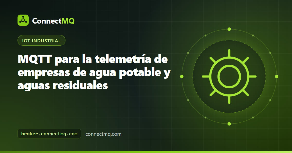 Estación de bombeo y depósito en una colina enviando datos de nivel y presión a un broker en la nube con iconos de alerta, ilustrando la telemetría MQTT para empresas de agua
