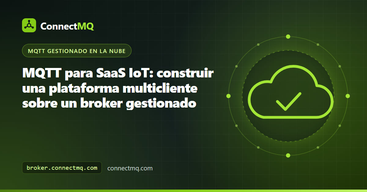 Ilustración de arquitectura de MQTT para SaaS IoT con las flotas de dispositivos de varios clientes alimentando brokers aislados y un backend SaaS compartido
