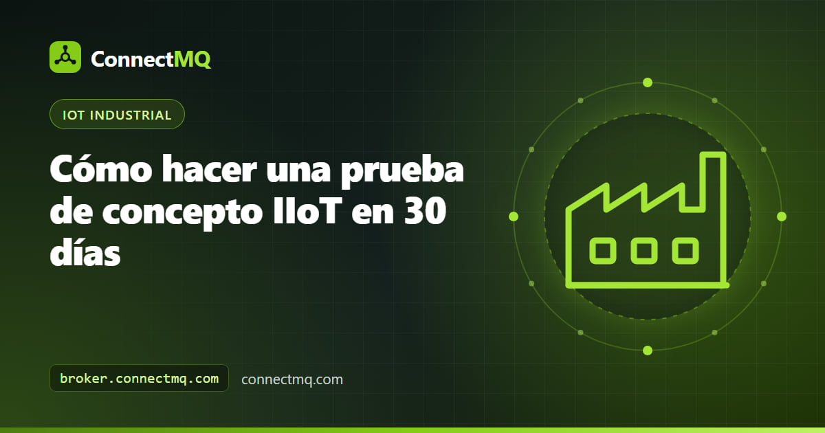 Calendario de 30 días junto a una máquina CNC, un gateway y un dashboard que representan una prueba de concepto IIoT