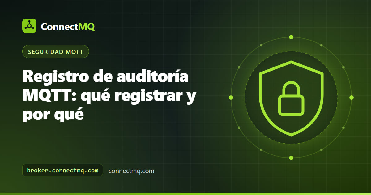 Pipeline de registro de auditoría MQTT con eventos de conexión del broker, fallos de autenticación y acciones administrativas fluyendo hacia un almacén central de logs