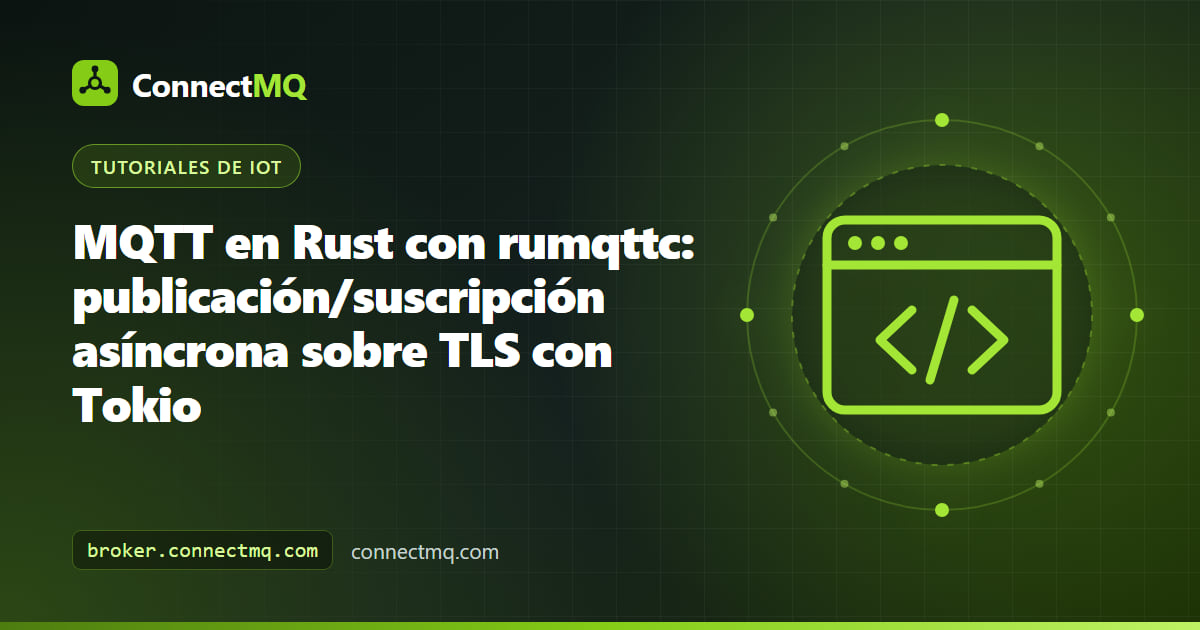 Ilustración al estilo del cangrejo de Rust de un cliente MQTT con rumqttc que envía mensajes sobre TLS