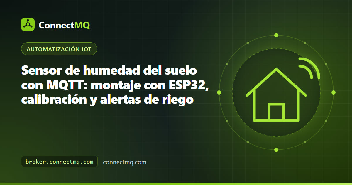 Nodo sensor de humedad del suelo MQTT con un ESP32 y una sonda capacitiva en un bancal que envía lecturas a un broker en la nube