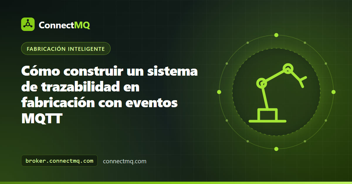 Diagrama de un sistema de trazabilidad en fabricación con estaciones que publican eventos de número de serie y de proceso por MQTT hacia una base de datos de trazabilidad