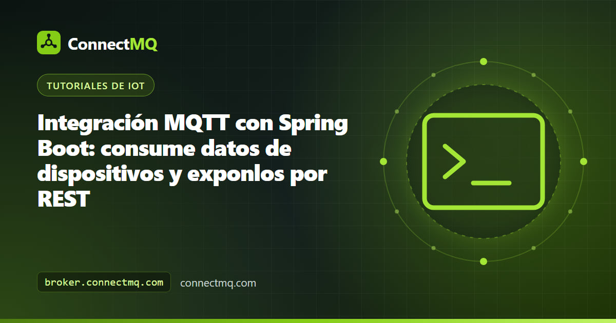 Logotipo de la hoja de Spring Boot conectado a dispositivos IoT que ilustra una integración MQTT con Spring Boot