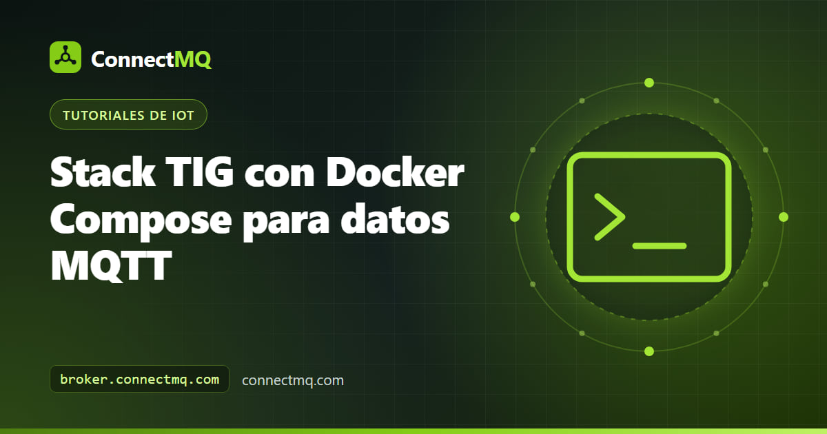 Diagrama del stack TIG con Docker Compose con Telegraf leyendo topics MQTT, InfluxDB guardando métricas y dashboards de Grafana
