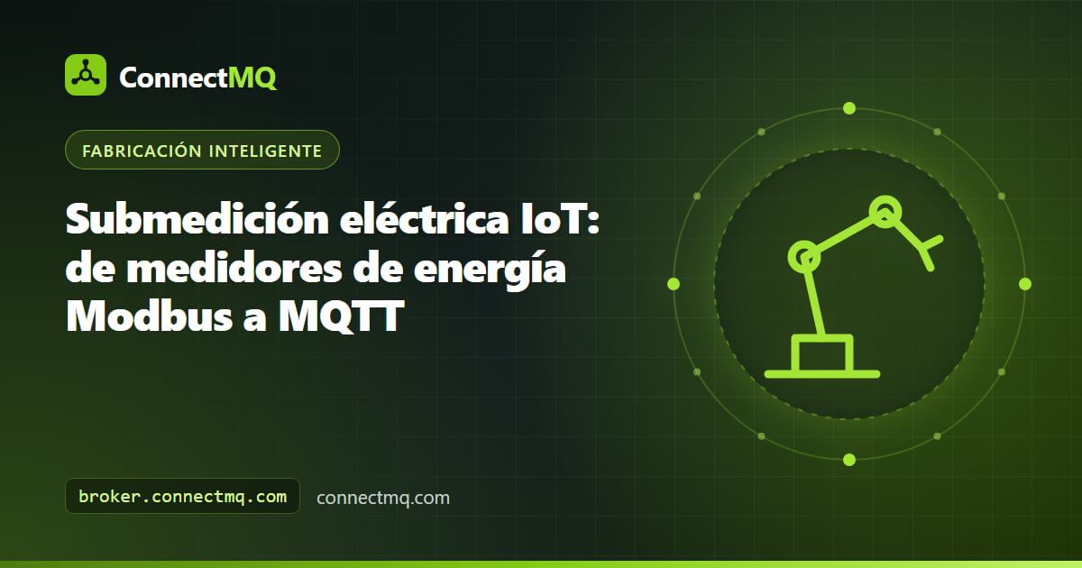 Instalación de submedición eléctrica IoT con medidores de energía Modbus de carril DIN en un bus RS-485, un gateway y datos MQTT fluyendo hacia un broker en la nube
