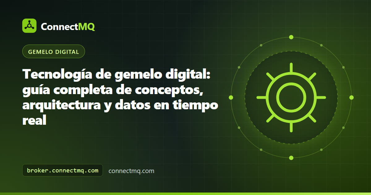 Ilustración de la tecnología de gemelo digital con un modelo 3D de fábrica que refleja datos de máquinas en vivo enviados por MQTT