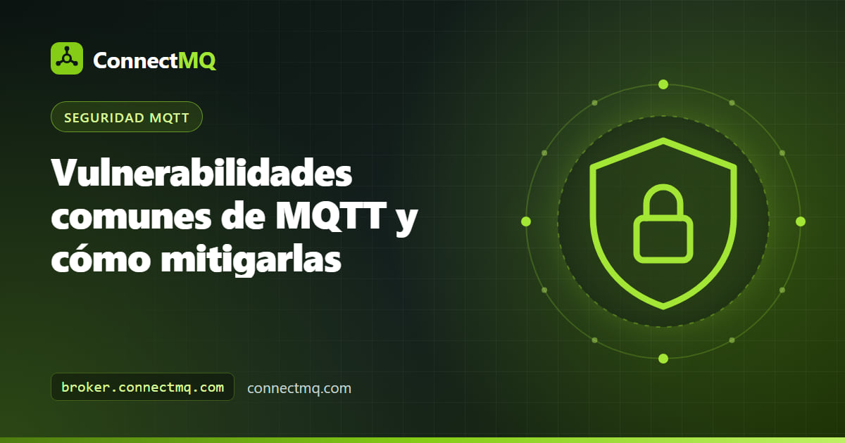 Ilustración de las vulnerabilidades MQTT más comunes en las capas de broker, cliente y red, con escudos de mitigación en cada capa