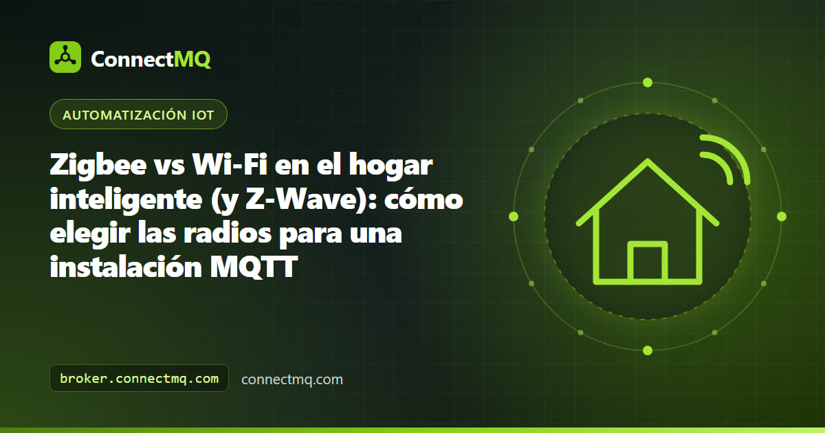 Comparativa Zigbee vs WiFi en el hogar inteligente con dispositivos Zigbee, Z-Wave y Wi-Fi conectados a un mismo broker MQTT