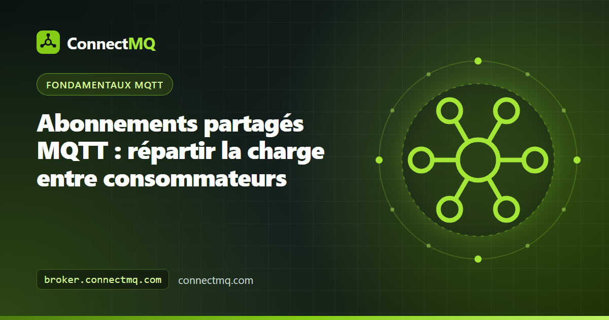 Illustration des abonnements partagés MQTT avec un broker qui répartit les messages d'un même topic entre un groupe de services workers backend