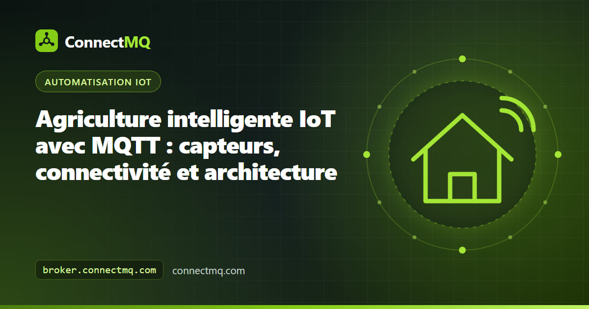 Parcelle d'agriculture intelligente IoT avec sondes de sol, station météo, vannes d'irrigation et passerelle LoRaWAN envoyant des données vers un broker MQTT