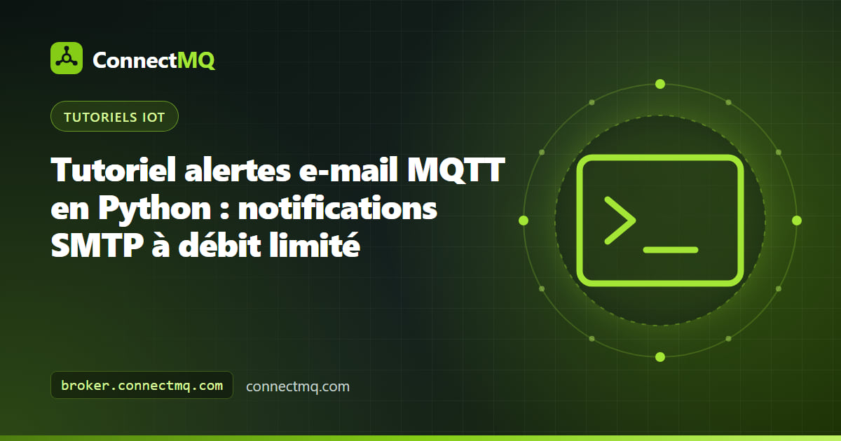 Boîte de réception recevant des notifications à débit limité d'un service d'alertes e-mail MQTT en Python connecté à un broker cloud