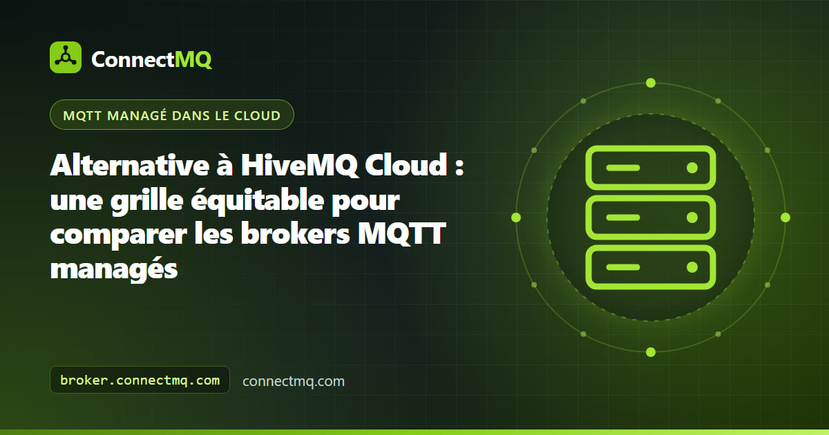 Illustration d'un tableau comparatif pour choisir une alternative à HiveMQ Cloud, avec plusieurs brokers MQTT managés notés selon les mêmes critères
