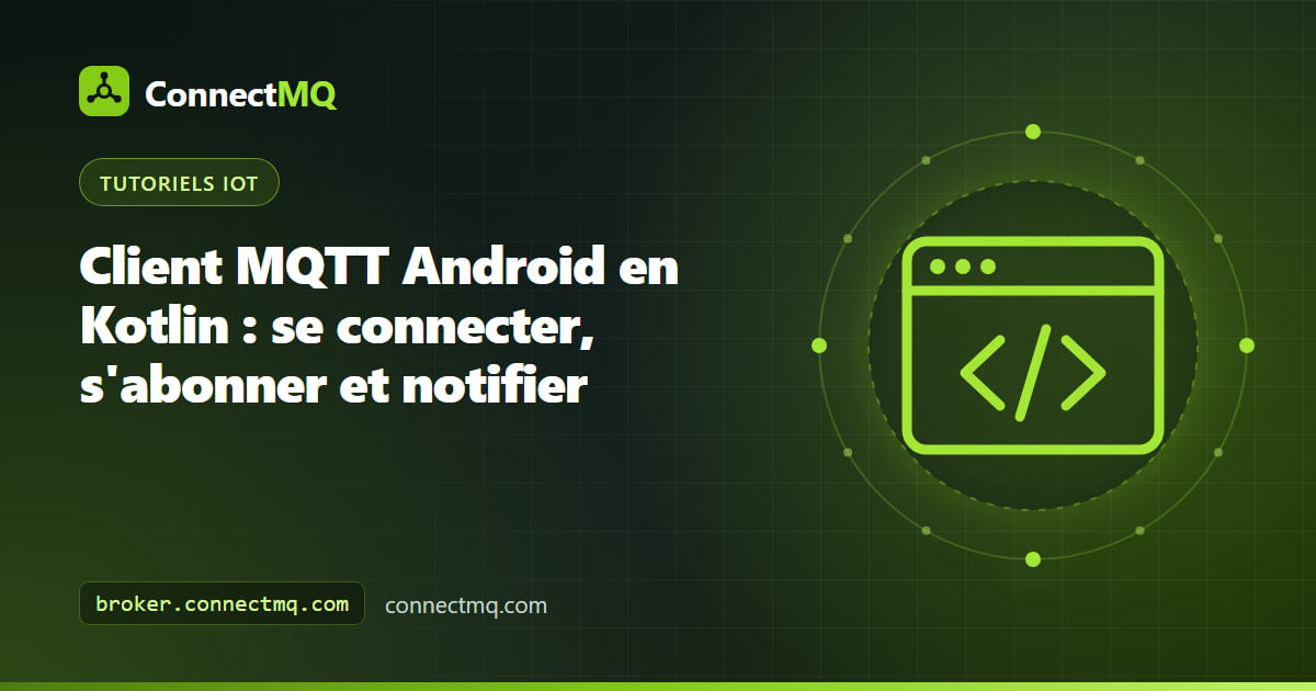 Téléphone Android affichant une notification d'alarme provenant d'une application Android MQTT Kotlin connectée à un broker cloud