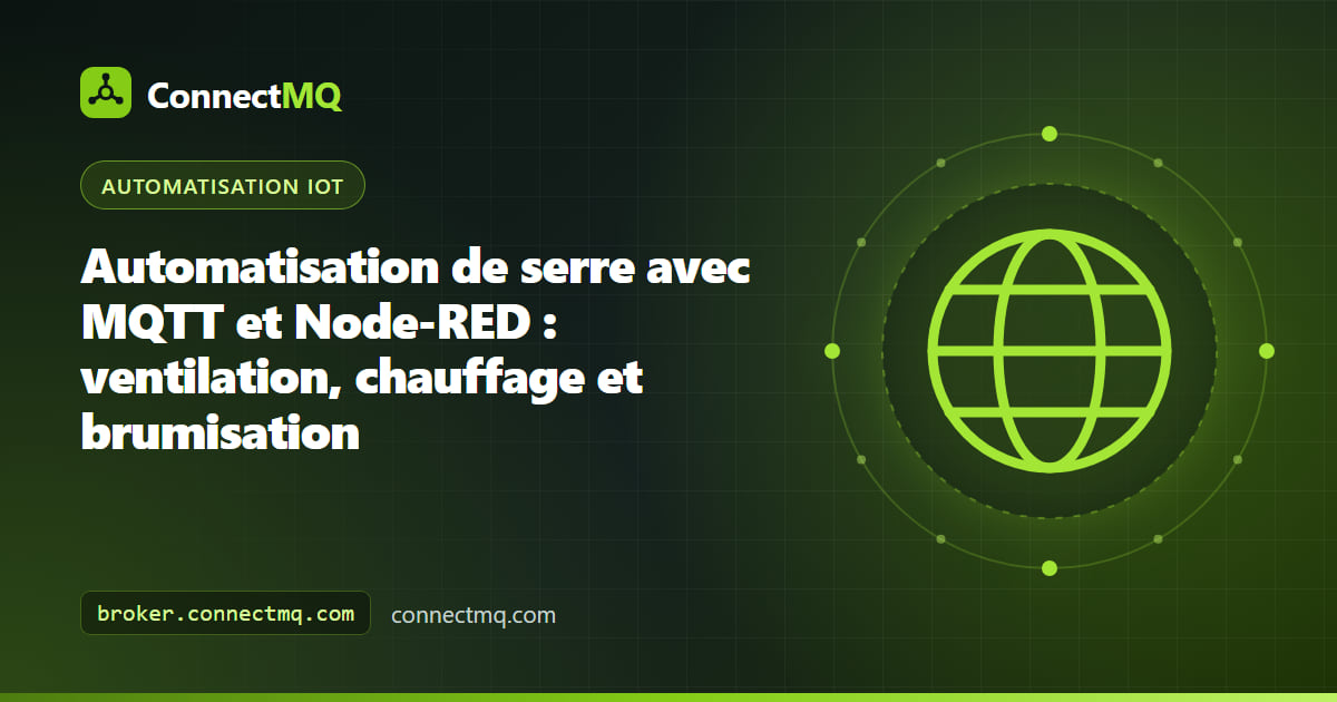 Installation d'automatisation de serre avec capteurs de température et d'humidité, ventilateur d'extraction, chauffage et buses de brumisation pilotés via MQTT