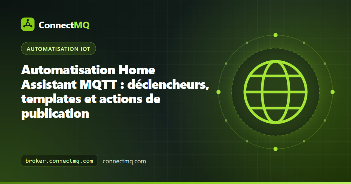 Flux d'automatisation Home Assistant MQTT avec un déclencheur MQTT, une condition template et une action de publication vers un appareil