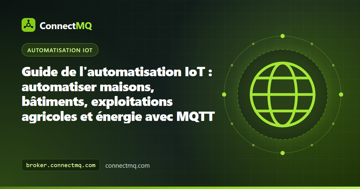 Schéma d'automatisation IoT reliant des capteurs de maison, de bâtiment, de serre et solaires via un broker MQTT à des règles d'automatisation