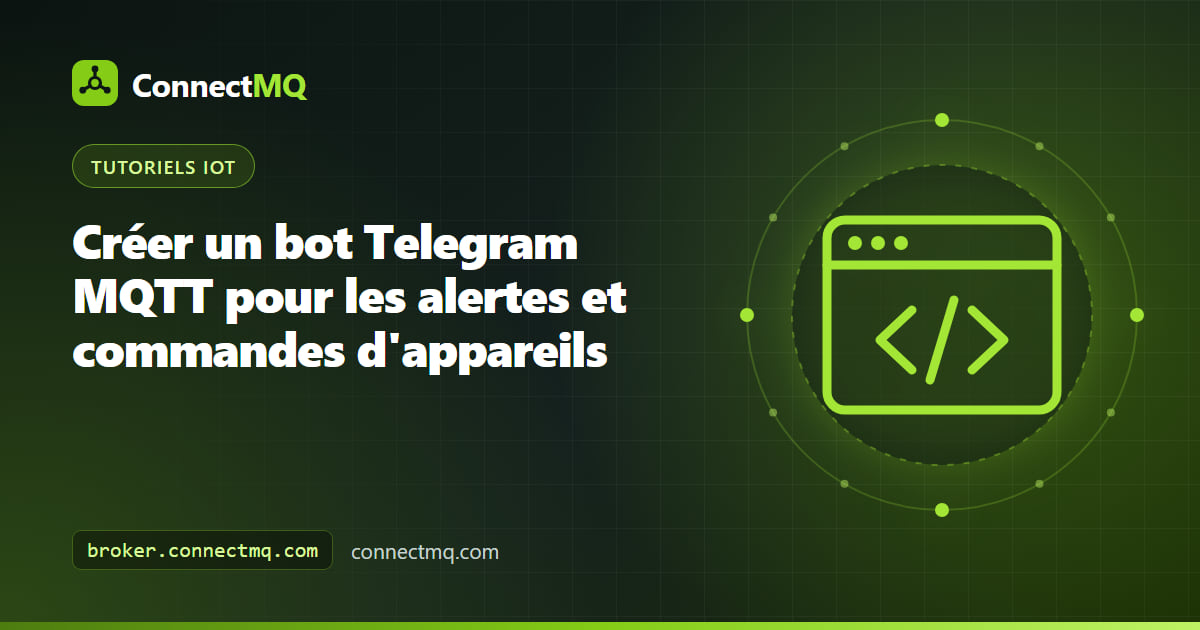 Fenêtre de chat sur smartphone recevant des alarmes d'appareils depuis un bot Telegram MQTT connecté à un broker cloud