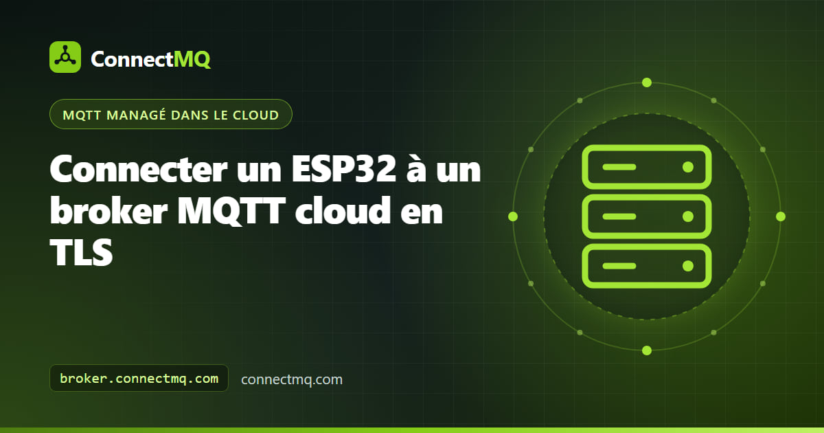 Illustration d'un broker MQTT cloud ESP32 montrant une carte ESP32 qui envoie de la télémétrie chiffrée en TLS vers un broker cloud