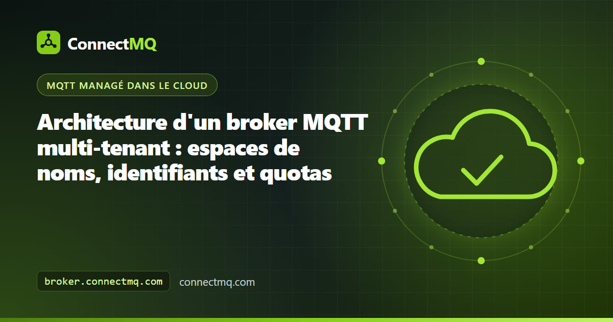 Schéma d'architecture d'un broker MQTT multi-tenant avec des espaces de noms, des identifiants et des jauges de quotas distincts par tenant sur un même cluster mutualisé