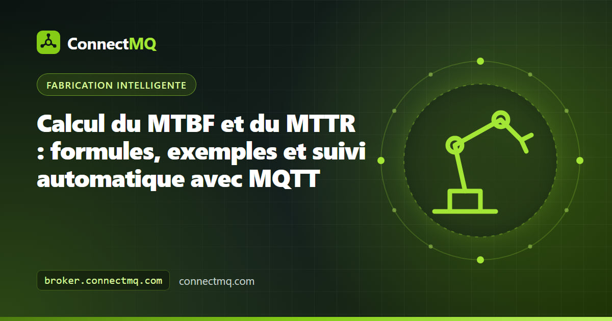 Illustration du calcul MTBF MTTR avec une chronologie machine de temps de marche, de pannes et de réparations alimentant un tableau de bord de fiabilité