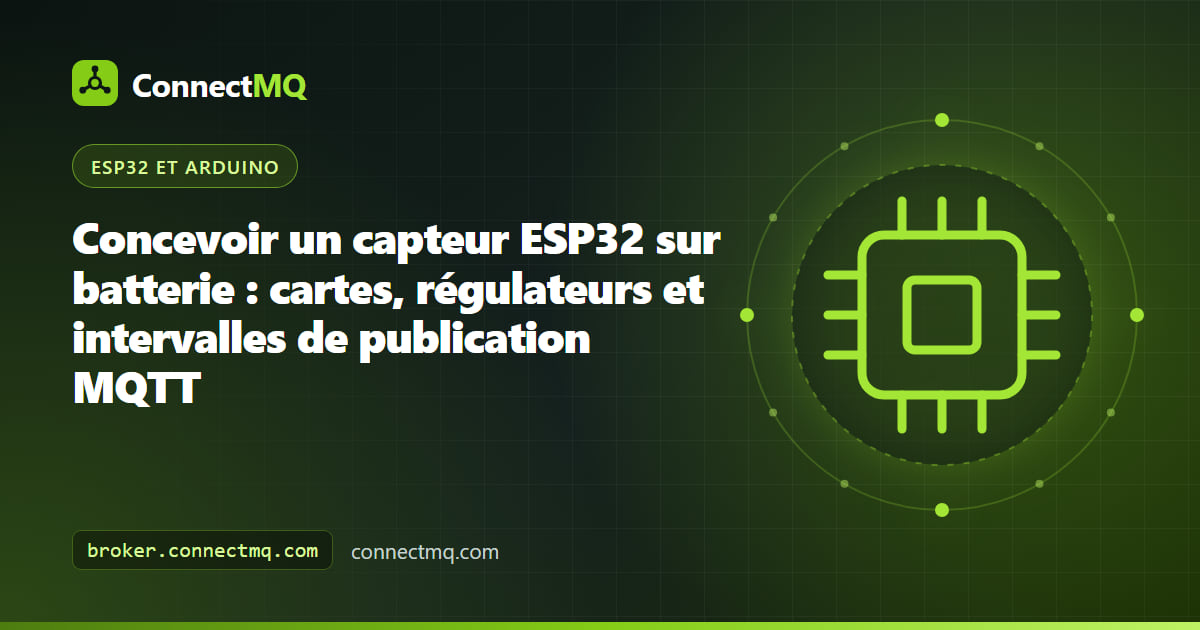 Nœud capteur ESP32 sur batterie avec une cellule LiPo et un pont diviseur envoyant des mesures MQTT vers le cloud
