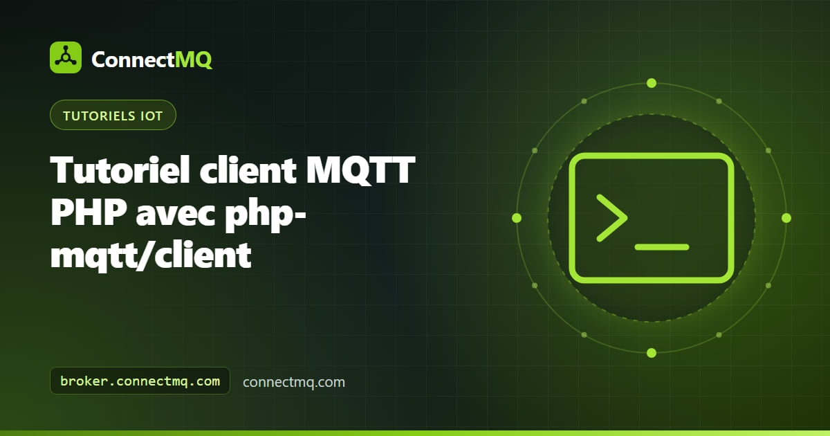 Schéma d'un client MQTT PHP avec une application web publiant des commandes et un worker d'arrière-plan abonné à des topics IoT sur un broker cloud
