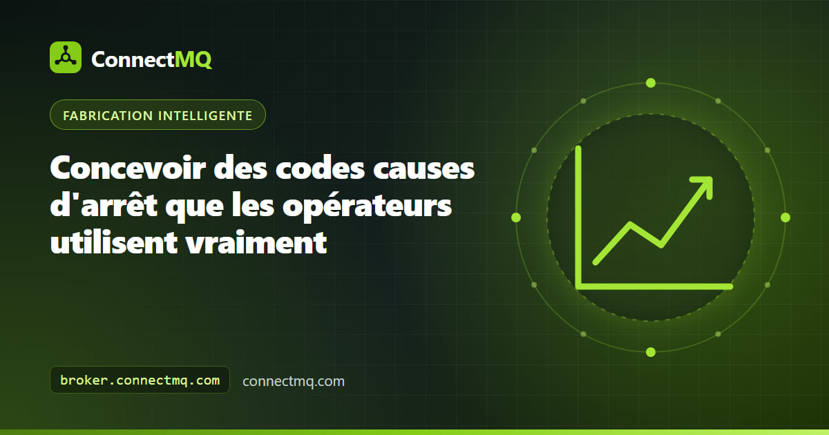 Illustration des codes causes d'arrêt avec un arbre à trois niveaux sur la tablette d'un opérateur, à côté d'une machine arrêtée qui publie son état en MQTT