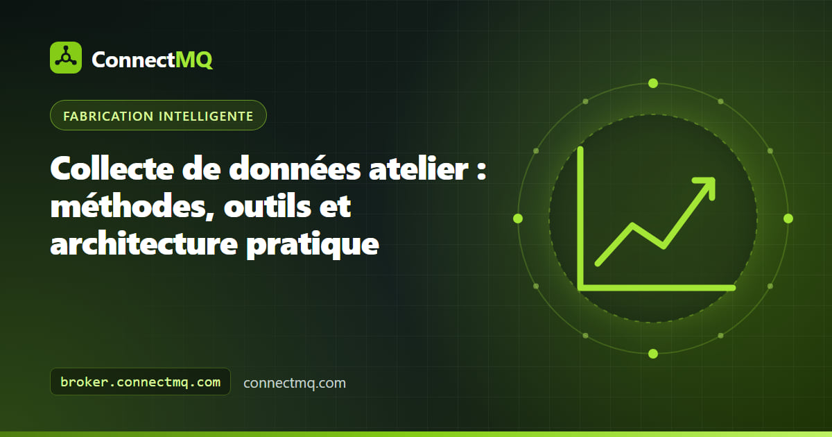 Illustration de la collecte de données atelier avec machines anciennes, automates, capteurs retrofit et passerelle edge envoyant les données vers un broker MQTT