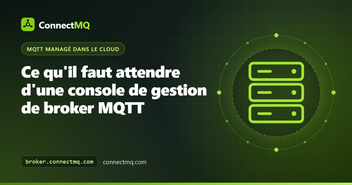 Console de gestion de broker MQTT avec des panneaux pour les clients connectés, les topics en direct, les identifiants et les alertes de seuil