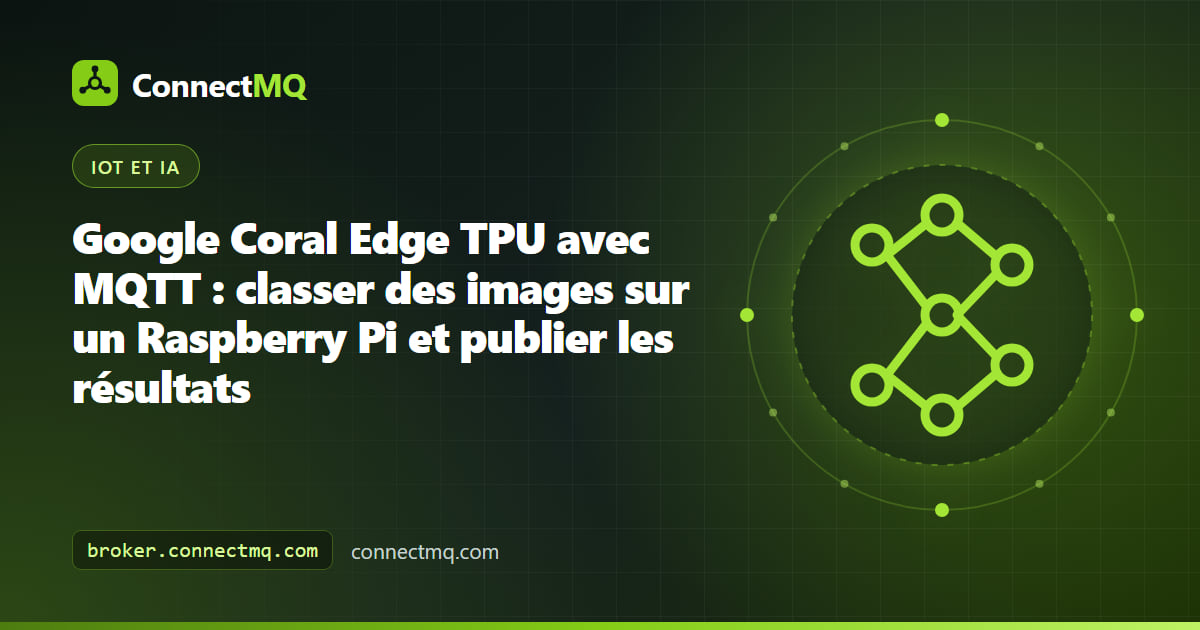 Accélérateur USB Coral Edge TPU branché sur un Raspberry Pi qui envoie des résultats de classification d'images via MQTT vers le cloud