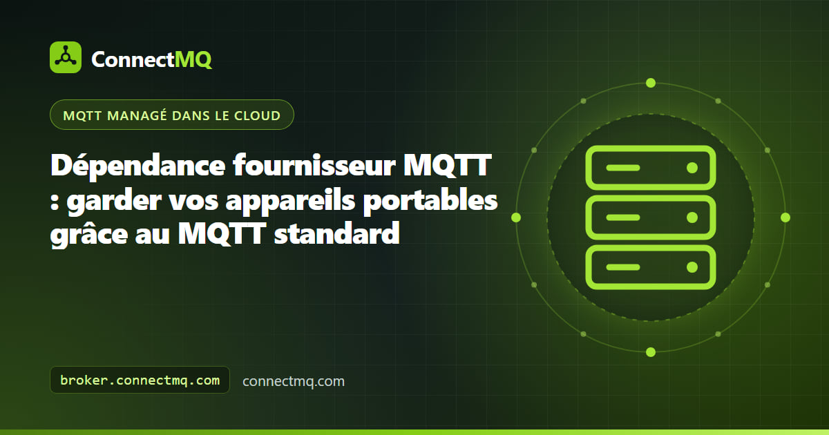 Illustration de la prévention de la dépendance fournisseur MQTT, avec des appareils connectés en MQTT standard capables de passer d'un broker interchangeable à un autre
