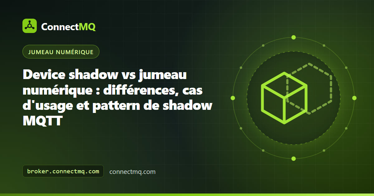 Comparaison device shadow vs jumeau numérique montrant un simple document d'état JSON à côté d'un modèle de jumeau 3D complet avec historique et relations