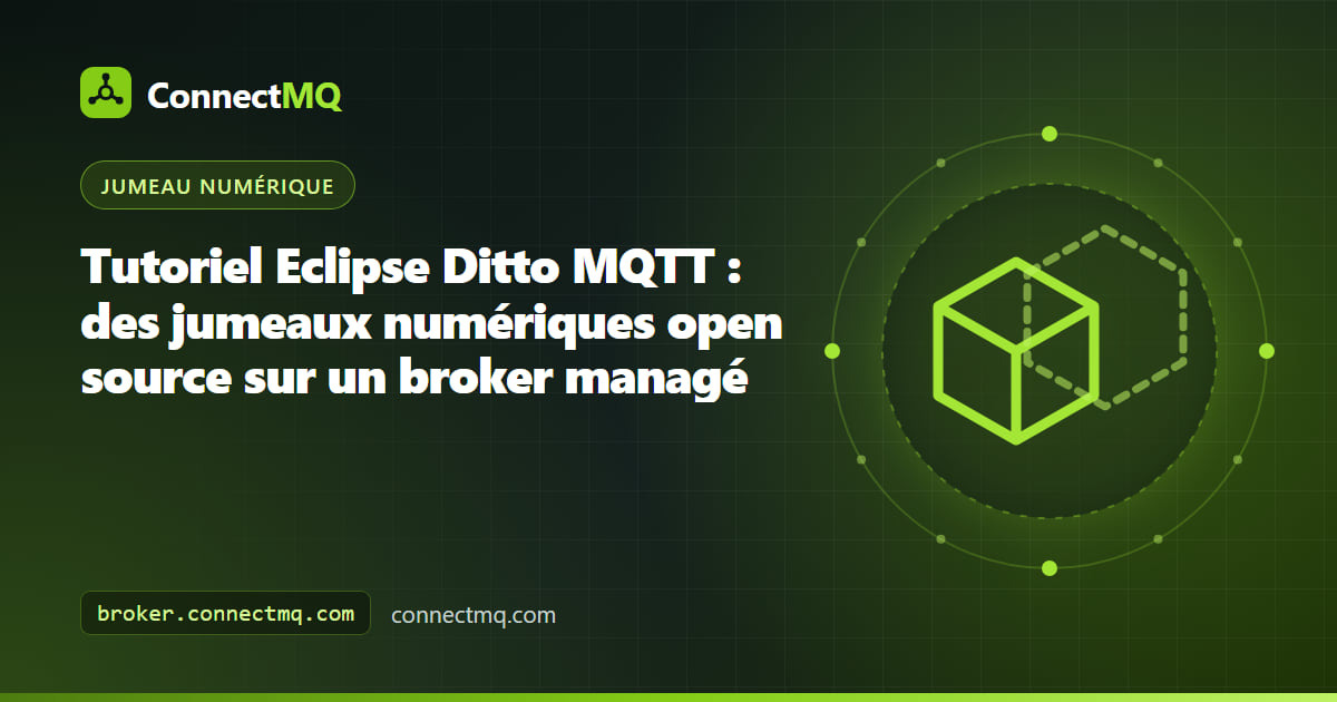 Configuration Eclipse Ditto MQTT montrant des appareils publiant vers un broker, Ditto maintenant les jumeaux des things et des événements renvoyés vers les tableaux de bord