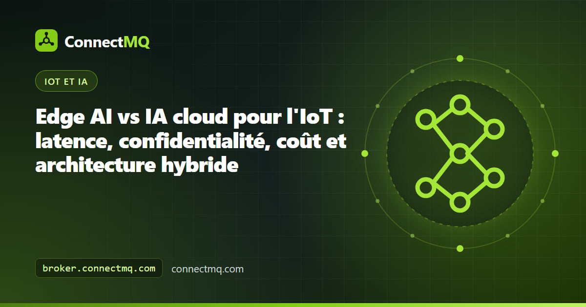 Illustration comparant edge AI et IA cloud, avec d'un côté des appareils exécutant des modèles locaux, de l'autre des serveurs cloud, reliés par des messages MQTT