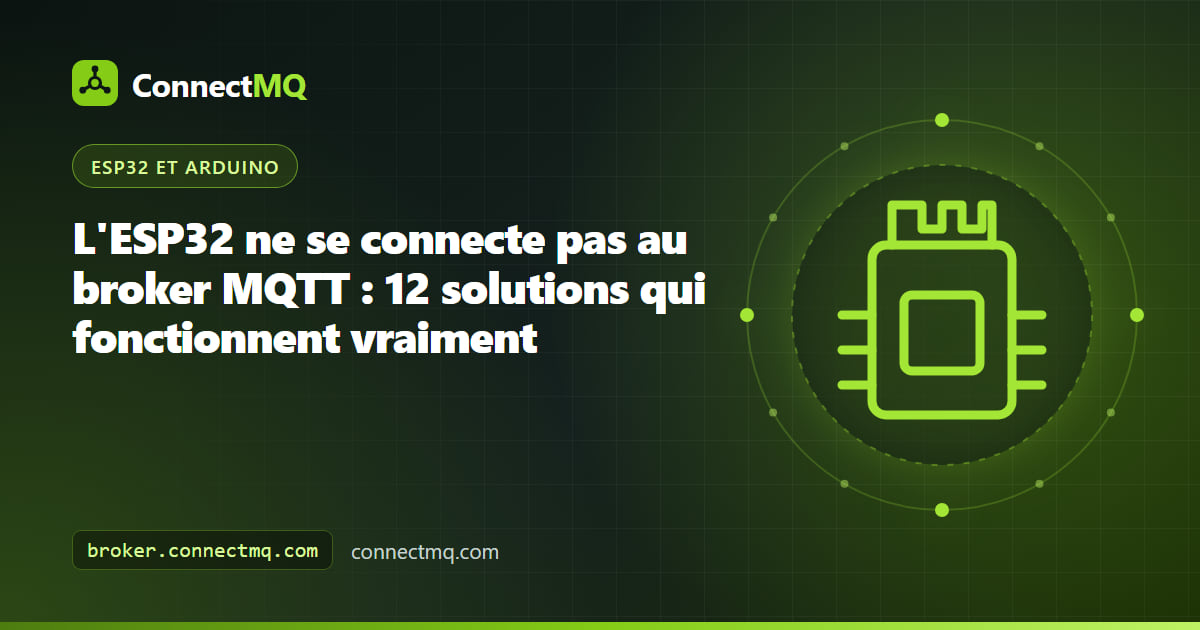 Liste de contrôle de débogage à côté d'une carte ESP32 montrant pourquoi l'ESP32 ne se connecte pas au broker MQTT