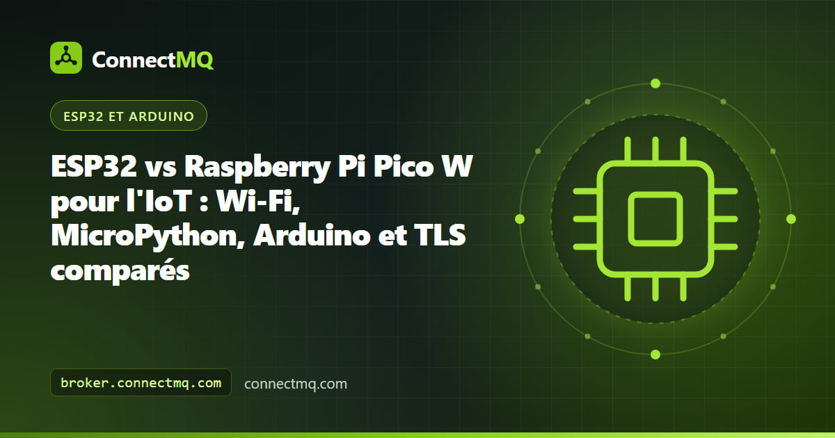 Cartes ESP32 et Raspberry Pi Pico W côte à côte, publiant toutes deux des données de capteurs vers un broker MQTT