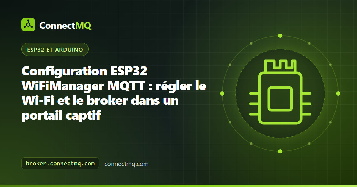 Téléphone affichant un portail captif avec des champs de broker pour une configuration ESP32 WiFiManager MQTT
