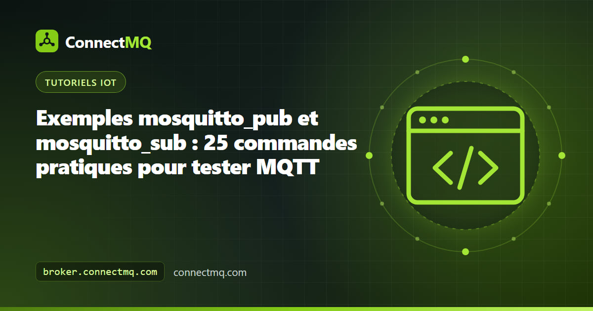 Fenêtre de terminal avec des exemples mosquitto_pub et mosquitto_sub publiant et s'abonnant sur un broker MQTT cloud