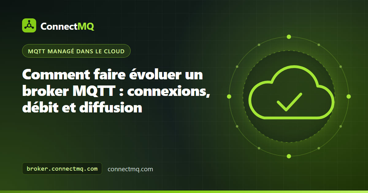 Illustration de la montée en charge d'un broker MQTT, avec de nombreux appareils alimentant un broker qui diffuse les messages vers plusieurs groupes d'abonnés