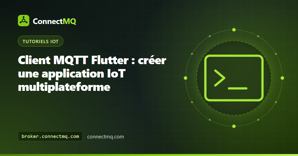 Application Flutter MQTT sur un téléphone et dans un navigateur affichant des valeurs de capteurs en direct et un interrupteur d'appareil connectés à un broker cloud