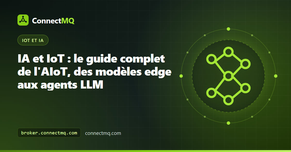 Illustration IA et IoT montrant des capteurs transmettant des données MQTT à des modèles d'IA edge et cloud qui renvoient des commandes aux équipements