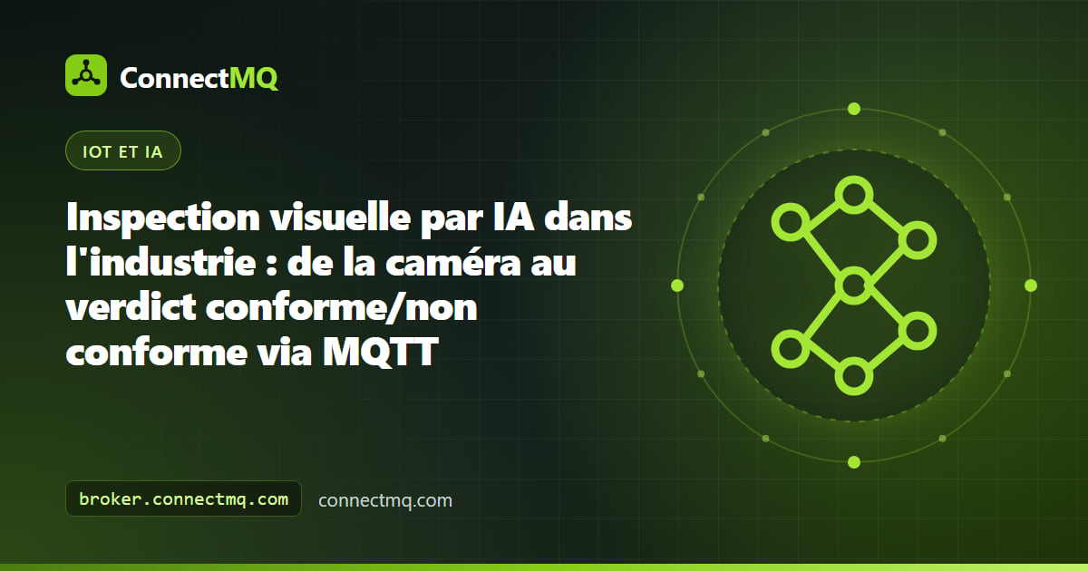 Poste d'inspection visuelle par IA avec une caméra industrielle au-dessus d'un convoyeur, un défaut mis en évidence sur une pièce et des verdicts conforme ou non conforme envoyés via MQTT